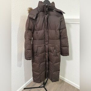 Espirit Brown Long Puffer Coat with Fur Trim